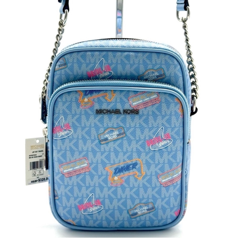 Michael Kors Jet Set Medium Printed Signature Logo Crossbody Bag Light Sky Blue - Picture 2 of 11